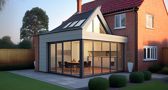 modern extension of a brick house featuring large glass windows and a stylish roof designed for contemporary living and outdoor enjoyment